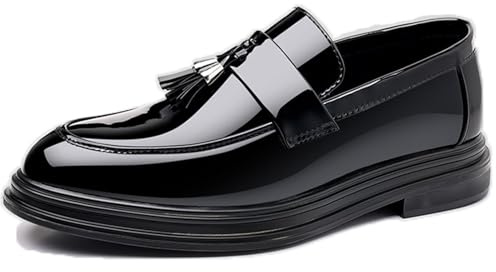 LMUIPMAA Mocassins à Plateforme à Enfiler en Cuir Verni pour Hommes avec Pompon Bout Rond Bas Haut à Crampons Semelle Chaussures habillées d'affaires pour fête Rencontre Bal,Noir,41 EU