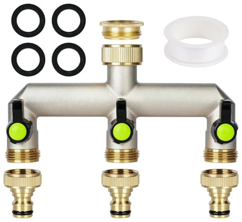 flintronic 3-Wege Wasserhahn Wasserverteiler, Messing Wasseranschluss Verteiler Gartenschlauch, 3er verteiler 3/4 Adapter 1/2, mit 3 Verlängerungsgriffen, zum Einstellen Absperren des Wasserflusses