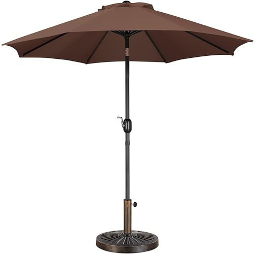 Yaheetech 2.7m Garden Parasol Umbrella Patio Table Umbrella Outdoor Tilting Crank & Handle Parasol with 14kg Resin Base Stand Brown