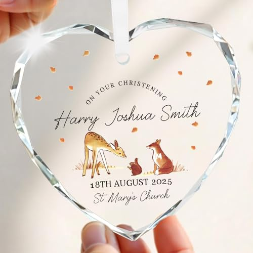 Beecreative Personalised Christening Gift For Boy - Crystal Glass Heart Ornament - Custom Godson Christening Day Present - With Keepsake Gift Bag