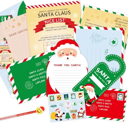 DERAYEE Briefpapier Weihnachten mit Umschlag Set, Brief vom Weihnachtsmann Kit Weihnachten Offizielle Briefe und Urkunde vom Weihnachtsmann Briefpapier für Kinder Jungen und Mädchen