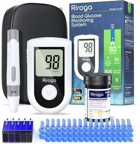 Riroga Blood Glucose Monitor Kit with 50 Glucometer Strips, 50 Lancets, 1 Blood Sugar Monitor,Blood Sugar Test Kit for Home Use,Travel Case for Blood Glucose Monitor Kit,Lancing Device, No Coding