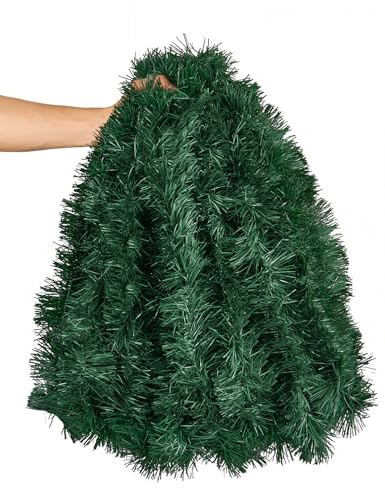 50FT Christmas Tinsel Garland, Dark Green Thick Metallic Twist Garland for Xmas Tree, Holiday Party Decorations, Shiny & Flexible Indoor Outdoor Festive Streamers for Mantel, Stairs & DIY Crafts