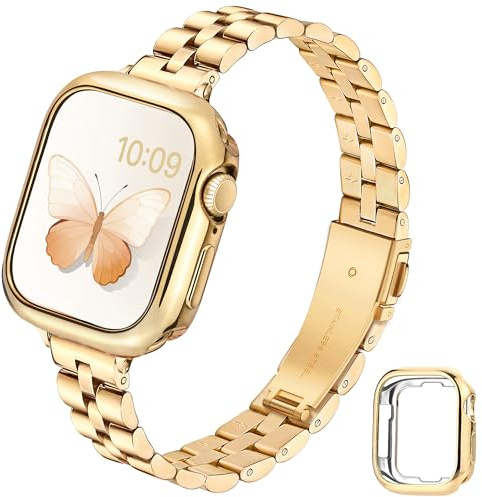 G-ficu Thin Metal Straps with Case for Apple Watch Straps Women 44mm 45mm 42mm 40mm 41mm 38mm, Slim Stainless Steel iWatch Strap with Protective Cover for Apple Watch Strap Series 9 8 7 6 5 4 3 2 SE 3