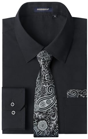 HISDERN Mens Long Sleeve Shirt and Tie Sets Formal Button Down Shirts with Pocket for Wedding Business Office Casual Regular Fit S-4XL