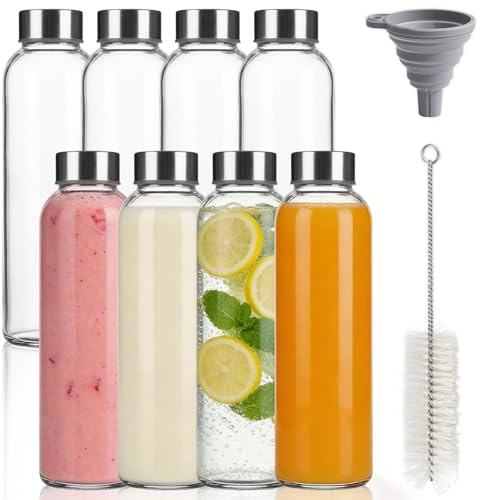 8 Pcs Glass Juice Water Bottles with Lids, 510ml Clear Glass Water Bottles with Lids, Leak Proof Reusable Safe Storage Glasses Bottle, for Smoothie, Cold&Heat Drinks, Milk, with Brush and Funnel