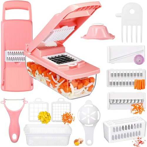 Acellegic Pink Vegetable Chopper 16-in-1 Heavy Duty Food Chopper with Container Kitchen Spiralizer Gadgets for French Fry Onion Potato and Salad Cutter, Kitchen Tool