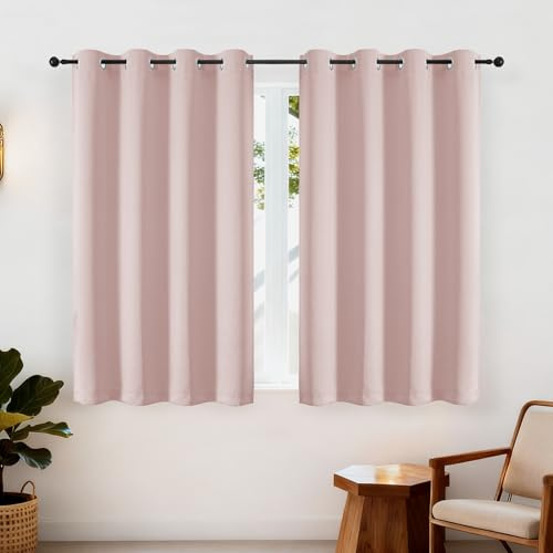Simplebrand Ava Blush Short Blackout Eyelet Curtains for Bedroom 137 cm Long 2 Panels Set, Solid Thermal Insulated, Energy Saving Window Treatment Curtains Black Out Drapes, W 140 cm x L 137 cm