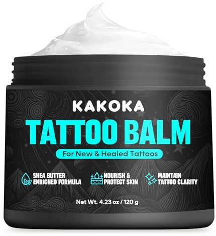 Kakoka Tattoo Aftercare Balm (4.23 oz), Tattoo Balm, Natural Shea Butter Formula Tattoo Lotion, Nourishing Properties and Color Support for New and Existing Tattoos, Tattoo Care Cream for Daily Use