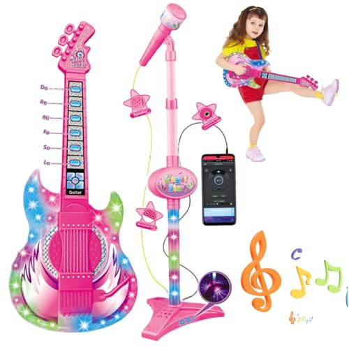 Ensemble Guitare et Microphone, Guitare et Microphone pour Enfants, Jouet avec Musique lumière, Hauteur réglable 2 en 1 pour Enfants avec Support, Instruments Jouets d'apprentissage