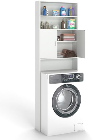 Amveya Mueble Lavadora Secadora Exterior, Bathroom Cabinet, Estanteria Baño Encima WC con Puerta de Armario, Armario Lavadora Secadora Baño con 2 Plantas de Espacio Abierto