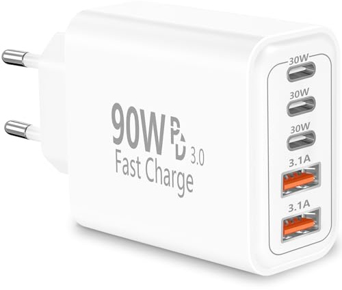 Rombica Chargeur USB C, 90W 5-Ports Prise Chargeur Rapide USB C Adaptateur | Multiple USB C Chargeur 3PD + 2QC 3.1A Type C Secteur pour iPhone 17 17 Pro Max 16 15 14 13 12, Samsung Galaxy S26 S25, iPad