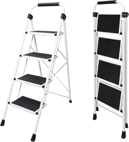 DUMOS Step Ladder, 4 Sturdy Step Stool with Anti-Slip Pedal & Comfortable Handrail, Portable Heavy Duty Step Stool for Kitchen, Garage & Outdoor Use, 330lbs, Sophisticated Black