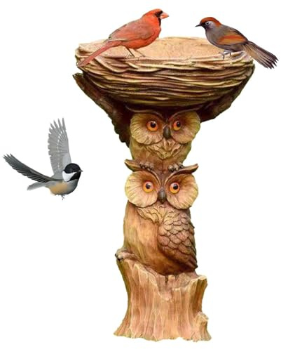 Owl Birdbath Statue – Resin Garden Ornament, Outdoor Water Bowl, Protective Finish Coating, Decorative Feeding platforms | Nature Viewing for Birds Yard Lawn Patio Landscape Enjoyment