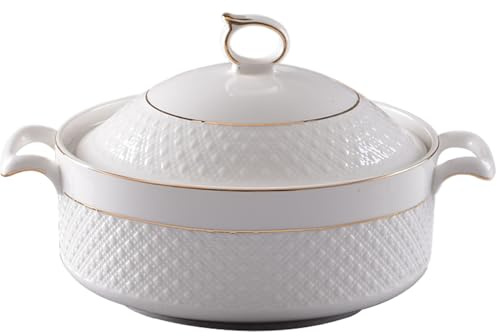 Hilai Sopera de cerámica, Cuencos Blancos de 1, 5 l con Borde Dorado, sopera de Doble asa con Tapa y cucharón para Pasta, para Cocina