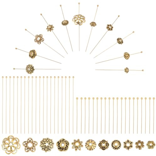 PH PandaHall Juego de 384 pines de bola con cuentas espaciadoras, tapas de cuentas de flores doradas antiguas para hacer joyas, pines de bola de latón con cuentas espaciadoras de flores para aretes