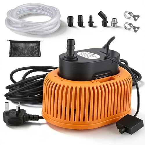 850GPH Submersible Water Pump, 75W Portable Sump Water Pump with 16.4FT Hose, 25FT Power Cord, 5 Adapters, Automatic On/Off, Dry-Run Protection, Dual Anti-Clogging for Pools Ponds Tubs (Orange)