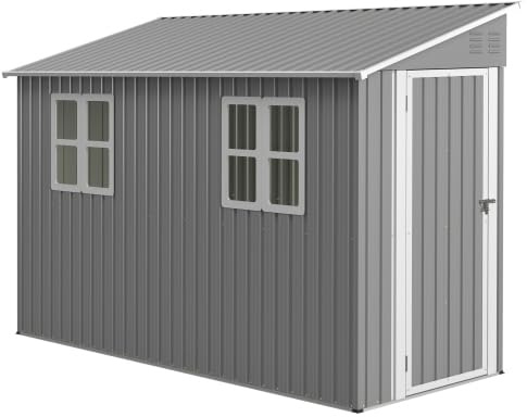 DHWDS Casetta da giardino in metallo con kit di base 4x10 piedi (1,2x3m) Capanno da giardino per carichi pesanti da esterno, design ad incastro con porta sinistra/destra e 2 finestre, antiruggine, per