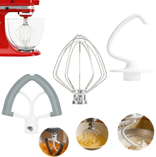 BigKing Kit da 3 Pezzi di Kitchen Accessori per Robot da Cucina, con Frusta a 6 Fili Gancio per Impastare e Frusta Piatta, Adatto per 4,5-5 QT Stand Mixers Serie