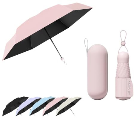 Travebo MiNi Faltender Regenschirm mit Verbreiterter Regenschirmriemen und Einziehbarer Schnur/Licht/Taschenschirm/Klein/Regenschirmbox/UV Schutz/Für Regen/6 Rippen/Reise/Damen/Kind