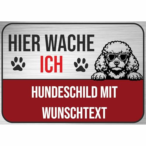 Nomiro - Schilder selbst gestalten ab DIN A6 - Pudel - Hundeschild mit Wunschtext und Hund, personalisiertes Warnschild aus 3 mm Aluverbundplatte für Zaun, Gartentor, Haustür und Einfahrt