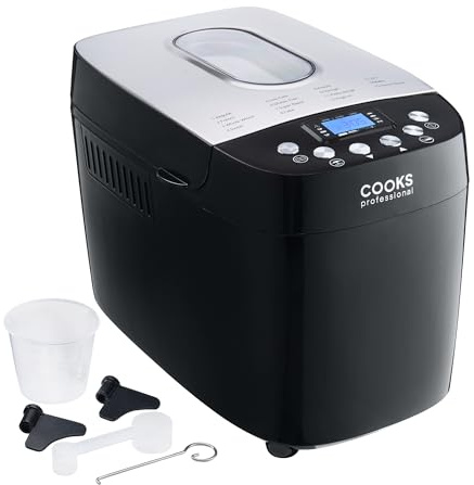 Cooks Professional Digital Bread Maker | 15 Programmes, 8 Custom Presets, Delay Timer & Keep Warm Function & Accessory Kit | XL Breadmaker Machine | 3 Loaf Sizes 0.5–1.5kg | Black & Silver