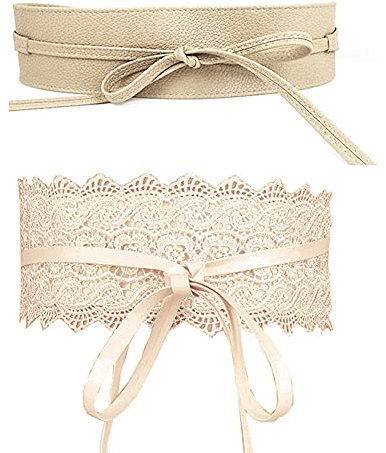 Jurxy 2 PCS Damen Spitze Breite Gürtel Leder Bowknot Taille Band Kleid Taillengürtel - Beige