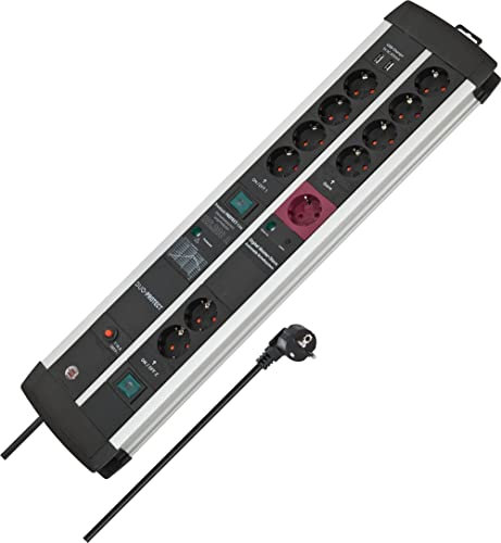 Brennenstuhl Premium-Protect-Line Gaming-Steckdosenleiste 11-Fach mit Überspannungsschutz, Main-Follow Funktion und 2 Schalter (Mehrfachsteckdose 2-Fach USB 3,10A, 3m Kabel, Made in Germany)