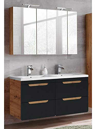 Lomadox Badmöbel Komplett Waschplatz Set in seidenmatt anthrazit mit Wotan Eiche Nb., 120 cm Waschtisch-Unterschrank mit 4 Softclose-Schubkästen, Keramik-Waschbecken, LED-Spiegelschränke