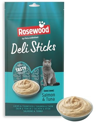 Rosewood Deli Sticks Lachs & Thunfisch – Weicher Mousse-Katzensnack mit Lachs und Thunfisch, Leckerlis oder Topper für Katzen, ohne Zusatz von Salz oder Zucker, 5 x 15 g