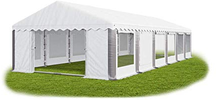 Das Company Partyzelt 6x12m Lagerzelt Universalzelt Pavillon mit Moskitonetz weiß-grau mit Bodenrahmen und Dachverstärkung Pavillon Zelt 240g/m² PE Plane wasserdicht Gartenzelt Summer Plus IPEM