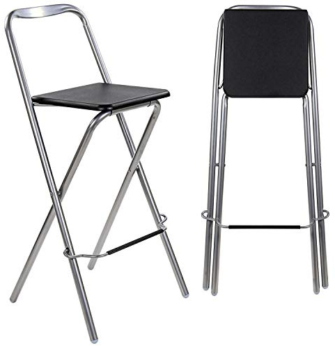 Taylor & Brown Folding Bar Stool Chair Wooden Effect Breakfast Barstool Kitchen Restaurant Seating Silver Frame Foldable Seat Home with Footrest, Black
