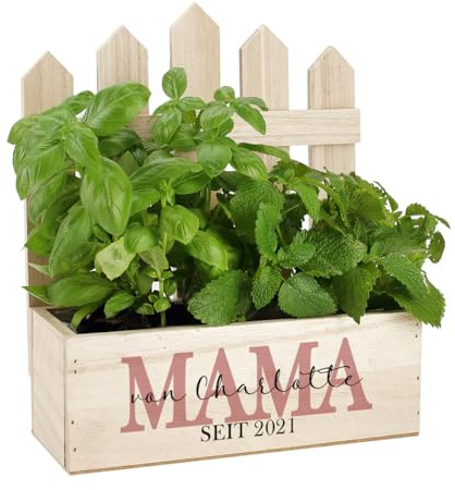 Herz & Heim® Personalisierte Geschenke Pflanzkiste als Muttertagsgeschenk und Geburtstagsgeschenk für Mama, Holzkiste mit Wunschtext, Holz Geschenkkorb als Geschenkverpackung