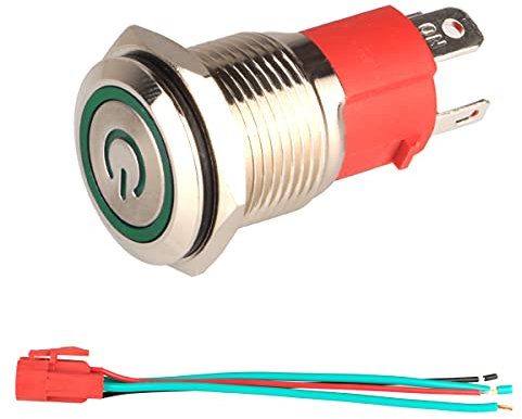 GUUZI 12V-24V / 15A Interruptor de Botón de Enclavamiento NO, Luz LED Verde Impermeable Botón de Encendido de Metal de 16 mm Iluminado con Cable de Enchufe