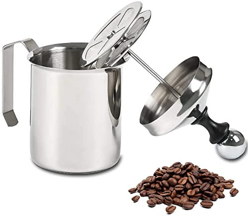 Newaner 500ml Edelstahl Double Mesh Milchaufschäumer Manuell, 8 x 8 x 18 cm Perfekter Milchschaum dank doppeltem Sieb und speziellem Drückmechanismus