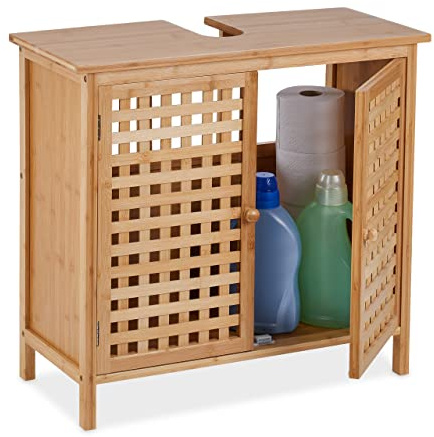 Relaxdays Mueble de Baño Bajo Lavabo, Armario Pila Hueco para Sifón, Puertas Estilo Rejilla Bambú, 61x66x30 cm, Natural