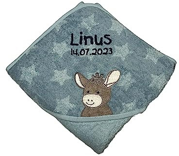 Sterntaler Badetuch 80x80 cm aus 100% Baumwolle personalisiert mit Namen/inklusive Bestickung (Emmi blau Sterne)