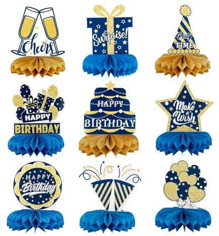 Happy Birthday Centerpiece Table Decoration, Birthday Party Honeycomb Centerpiece Table Topper Blue and Gold Party Decorations Kids Baby Shower Supplies, Happy Birthday Decorations for Men and Woman