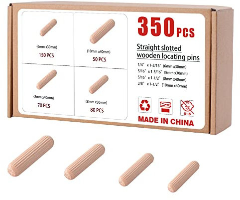 Kinsinder Tasselli in Legno, Scanalate in Legno, Perni di Legno Duro Perno Scanalato, Spine Legno per Progetti di Artigianato di Mobili e Fai Da Te (350 Pezzi 6x30/8x30/8x40/10x40mm)