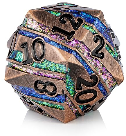 D20 D&D Dice DNDND - Fustella metallica grande da 33 mm su 20 lati, con splendida confezione regalo per Dungeons and Dragons (strisce colorate)