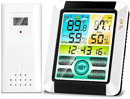 Wireless Weather Station UK, HD LCD Digital Weather Station with Outdoor Sensor, High Sensitivity Touchscreen, Temperature, Humidity, Alarm Clock for Home Office Garden Farm (With Memory Function)