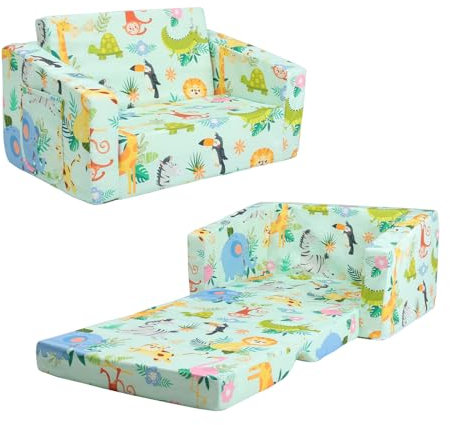 decalsweet Faltbarer KinderSofa-Rückenlehen-Sessel 2 in 1, Standfest Kindersessel mit Stofftasche, Weiche Leichte Flip Open Kinderstuhl für Schlafzimmer Wohnzimmer Spielzimmer, Dschungel-Tiere