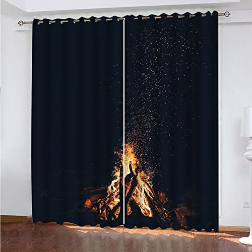 Vorhang Blickdicht Gardinen Mit Ösen - 2 Stücke 150 (B) X 166 (H) cm Verdunklungsvorhänge 3D Schönes Rotes Lagerfeuer Muster Thermovorhang Für Kinderzimmer Schlafzimmer Weihnachtsgardinen