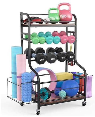 Aufbewahrungsregal für Heim-Fitnessstudios, Sport-Hantelständer, Trainingsgeräte-Aufbewahrungswagen mit Haken Und Rädern, Fitnessstudio-Organizer für Yoga-Steine, Matten, Blöcke, Hanteln, Gewichte