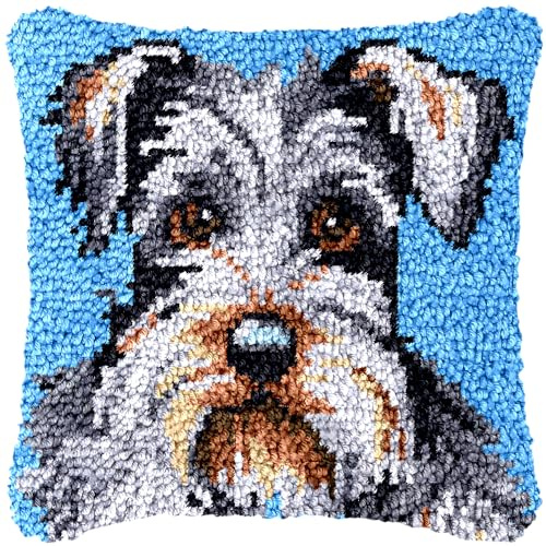 Schnauzer Dog Latch Hook Kits Pillow with Printed Canvas Cushion Crochet Yarn DIY Hook and Latch Kit Pillowcase Christmas Decoration 43x43cm