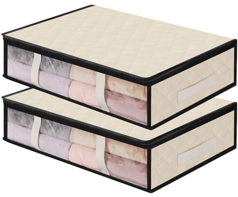 AiQInu Unterbett Aufbewahrungsbox,2 Stück Unterbettkommode mit Sichtfenster und 4 Haltegriffen 60x 45x 15 cm, Faltbare Unterbett-Aufbewahrungstasche Kleideraufbewahrung für Kleidung Decken Bettdecken