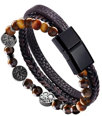 Dochais Herren Edelstahl Echtleder Armband, Jesus Christus Kruzifix Kreuz, Naturstein Geflochten Mit Magnet Verschluss, Schmuck Geschenke Für Männer (A, Braun, 19cm)