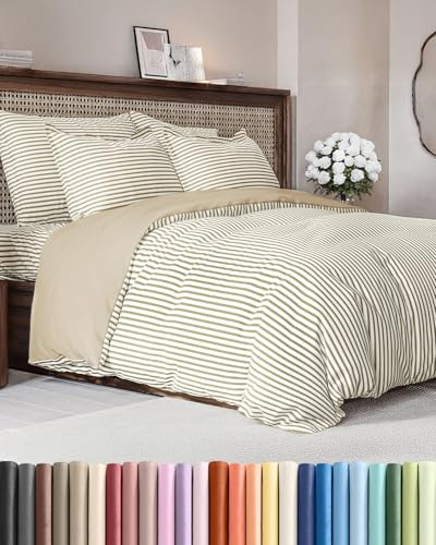 Duvet Cover Queen Size - 3 Piece Set with Zipper Closure - Beige Stripes