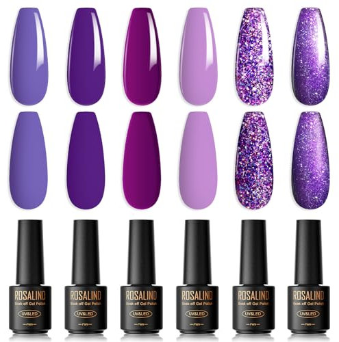 ROSALIND UV Nagellack Lila, 6 Farben Mini Violett Lavendel Hellviolett Wisterienblüte Flieder Glitzernd Traubenpurpur Langlebige Frühling Gelnägel Soak Off UV LED Gel lack Nail Polish