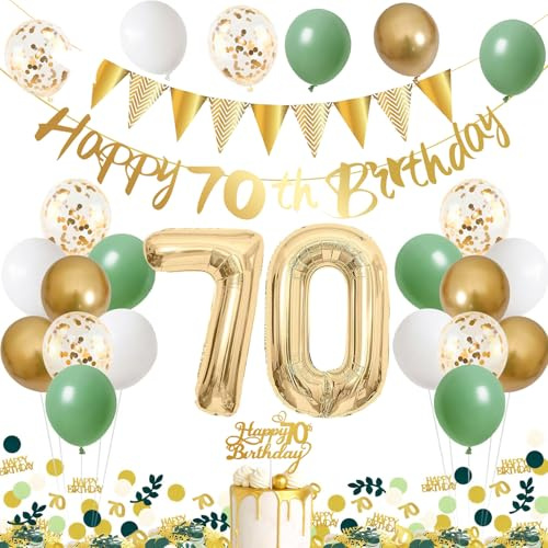 70. Geburtstag Deko Frau Mann, Luftballons Grün Gold Deko 70 Geburtstag | Salbeigrün Konfetti, Tortentopper, Happy Birthday Banner,Pompoms 70. geburtstag für geburtstagsdeko 70 jahre frau